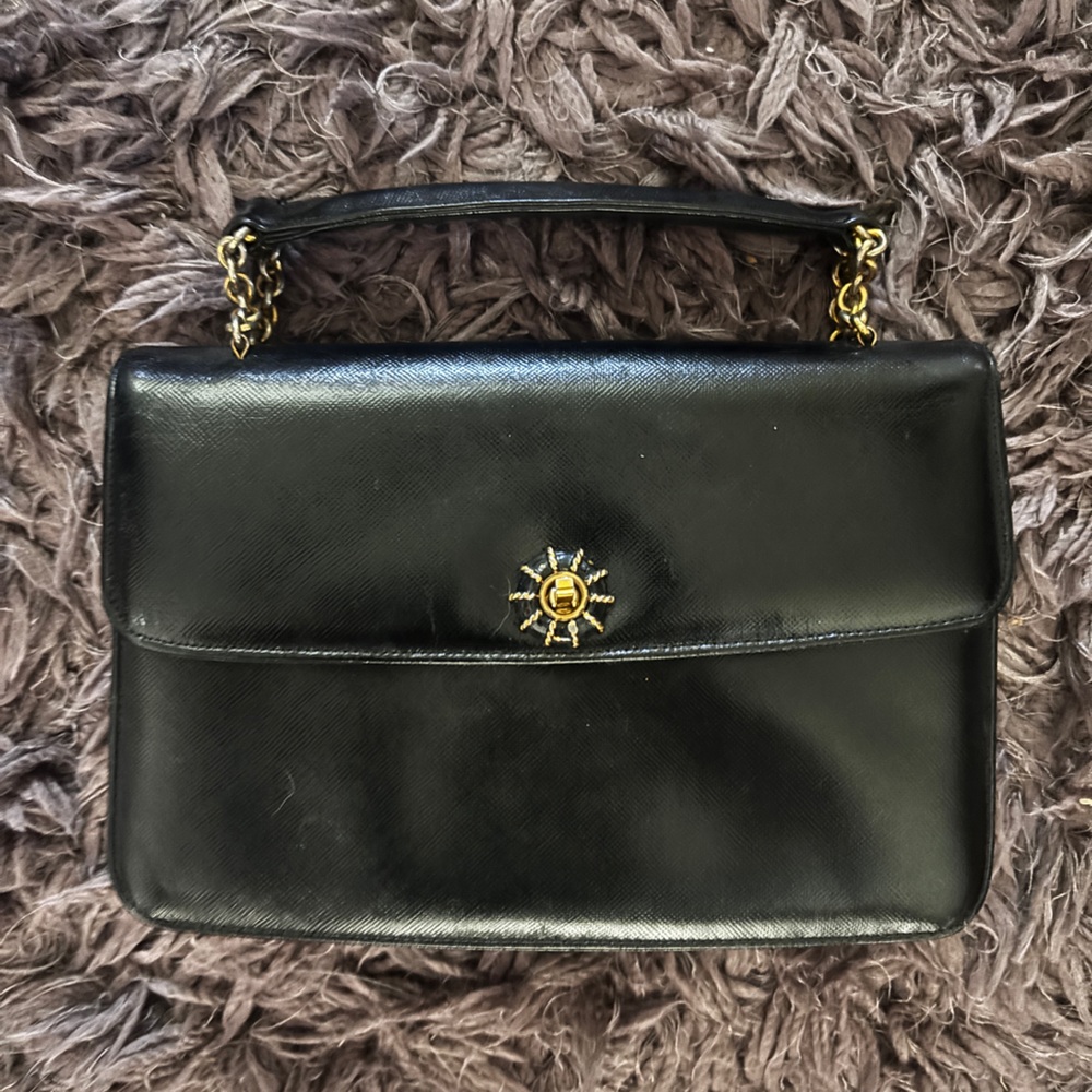 🖤 BIENEN DAVIS 💛 Vintage Chic Black Leather Satchel w/ Gold Accents